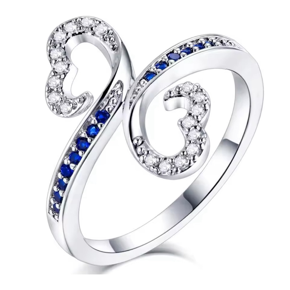 White Gold Plated Double Heart Lab Sapphire Ring Size 7